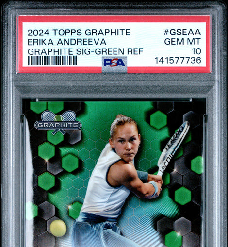 2024 Topps Graphite Tennis Erika Andreeva Graphite Signatures Green Refractor autograph numbered to 75 and graded PSA 10 GEM MINT.