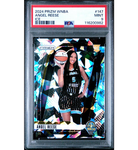 2024 Panini Prizm WNBA Angel Reese #147 Ice Prizm Chicago Sky rookie basketball card professionally graded PSA 9 MINT.