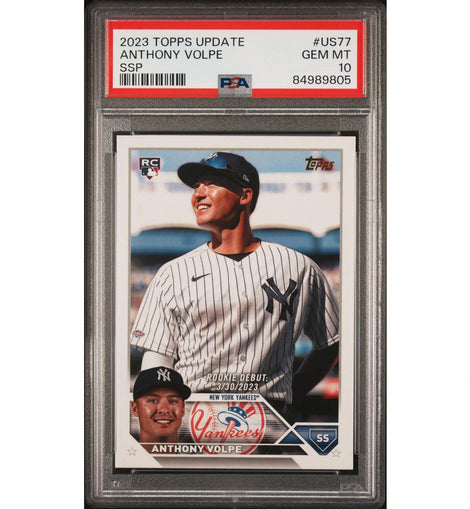 2023 Topps Update Anthony Volpe #US77 Golden Mirror SSP New York Yankees rookie baseball card professionally graded PSA 10 GEM MINT.