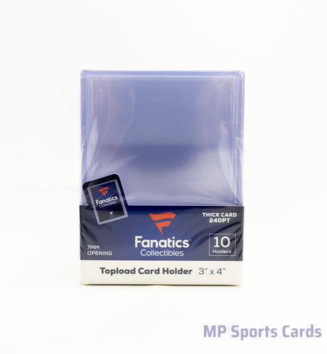 Fanatics Collectibles Thick 240pt Top Loaders 10 Count for protecting 240pt jumbo patch cards, memorabilia cards, relic cards, thick autograph cards, booklet-style cards, and premium sports trading cards.