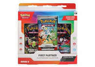 Pokémon First Partner Illustration Collection Series 2 Box factory-sealed featuring an exclusive promo card, oversized First Partner card, and Pokémon TCG booster packs available at MP Sports Cards in Carver, Massachusetts.