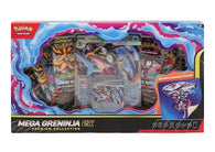 Pokémon Mega Greninja ex Premium Collection Box factory-sealed featuring exclusive foil promo cards, oversized collectible card, and Pokémon TCG booster packs available at MP Sports Cards in Carver, Massachusetts.