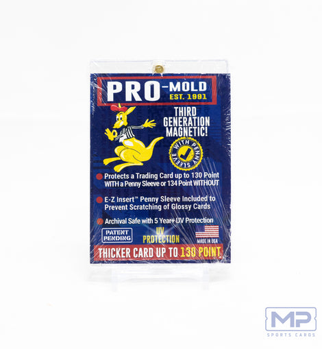 Pro-Mold Third Generation 130pt Magnetic Card Holder with protective sleeve for 130pt patch cards, memorabilia cards, relic cards, thick autograph cards, and premium sports trading cards.