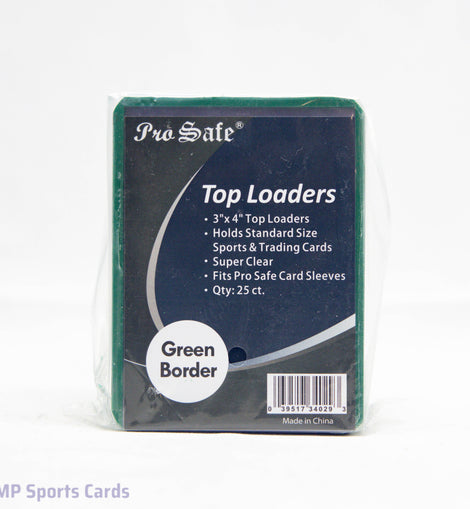 Pro Safe Green Border Top Loaders 25 Count for protecting standard-size sports cards, Pokémon cards, and other trading card collectibles.