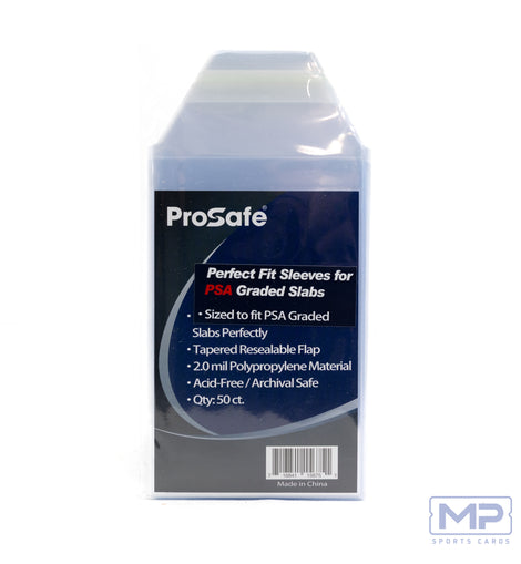 Pro Safe Perfect Fit Sleeves for PSA Graded Slabs 50 Count providing crystal-clear protection for PSA graded trading card holders against scratches, dust, and fingerprints.