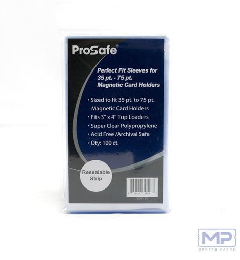 Pro Safe Perfect Fit Sleeves for 35pt–75pt magnetic card holders 100 Count protecting sports cards, Pokémon cards, and other premium trading cards from scratches and dust before placement in magnetic holders.
