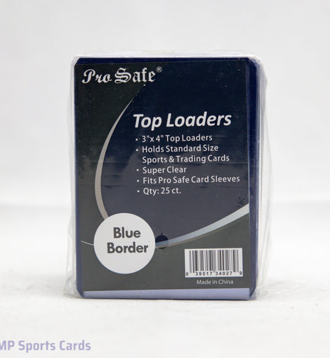 Pro Safe Blue Border Top Loaders 25 Count for protecting and organizing standard-size sports cards, Pokémon cards, and other trading card collectibles in premium rigid holders.