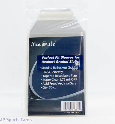 Pro Safe Perfect Fit Sleeves for Beckett Graded Slabs 50 Count protecting BGS and BVG graded trading cards from scratches, dust, fingerprints, and everyday handling.