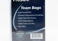Pro Safe Team Bags 100 Count featuring crystal-clear resealable bags for protecting top loaders, semi-rigid holders, magnetic card holders, graded slabs, and trading card team sets.