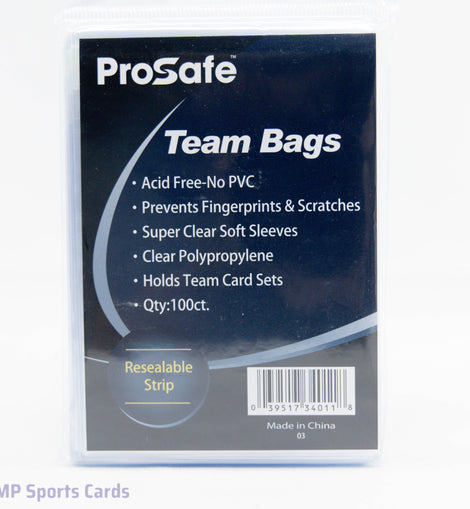 Pro Safe Team Bags 100 Count featuring crystal-clear resealable bags for protecting top loaders, semi-rigid holders, magnetic card holders, graded slabs, and trading card team sets.