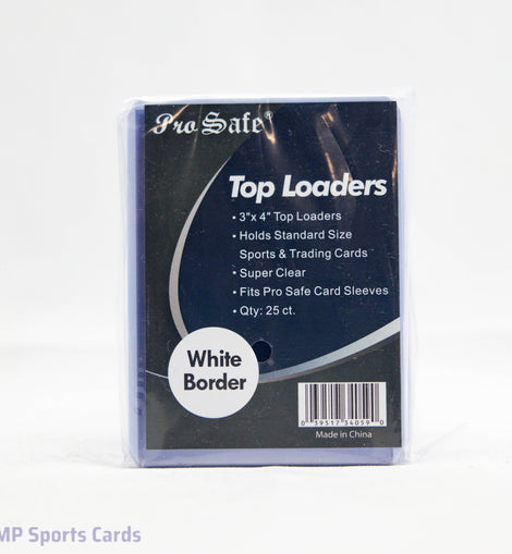 Pro Safe White Border Top Loaders 25 Count for protecting and organizing standard-size sports cards, Pokémon cards, and other trading card collectibles in premium rigid holders.
