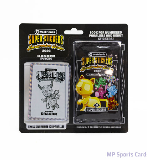 2026 VeeFriends Super Stickers Spectacular Series Hanger Pack featuring collectible VeeFriends stickers, trading cards, and one randomly inserted promotional card.