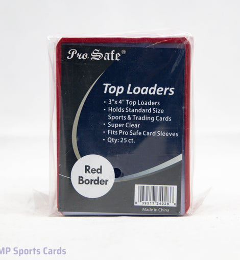 Pro Safe Red Border Top Loaders 25 Count for protecting and organizing standard-size sports cards, Pokémon cards, and other trading card collectibles with durable rigid holders.
