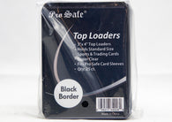 Pro Safe Black Border Top Loaders 25 Count for protecting and displaying standard-size sports cards, Pokémon cards, and other trading card collectibles in premium rigid holders.