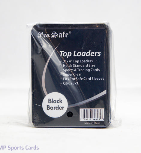 Pro Safe Black Border Top Loaders 25 Count for protecting and displaying standard-size sports cards, Pokémon cards, and other trading card collectibles in premium rigid holders.
