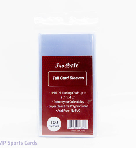 Protect oversized and tall-format trading cards with Pro Safe Tall Card Sleeves 100 Count. Archival-safe sleeves for specialty collectibles from MP Sports Cards in Carver, MA.
