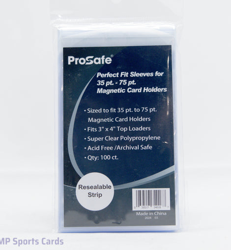 Pro Safe Perfect Fit Sleeves for 35pt–75pt magnetic card holders 100 Count protecting sports cards, Pokémon cards, and other premium trading cards from scratches and dust before placement in magnetic holders.