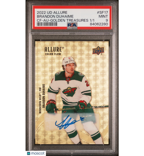 2022 Upper Deck Allure Brandon Duhaime #SF17 CF-Auto Golden Treasures 1/1 PSA 9