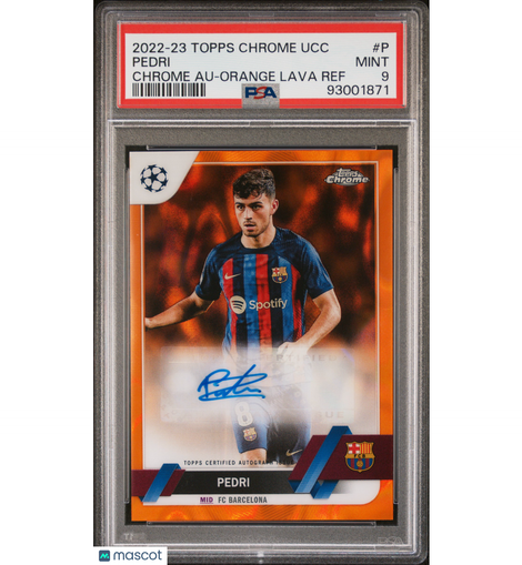 2022-23 Topps Chrome UEFA Club Competitions Chrome Auto Pedri Orange Lava PSA 9