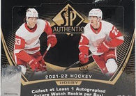 2021-22 Upper Deck SP Authentic Hockey Hobby Box featuring Future Watch rookie autographs, Sign of the Times autographs and premium NHL cards.